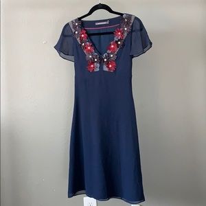 Boden Blue Silk Floral Flutter Sleeve Dress